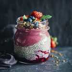 Pote de café da manhã em camadas de chia, açaí e morango